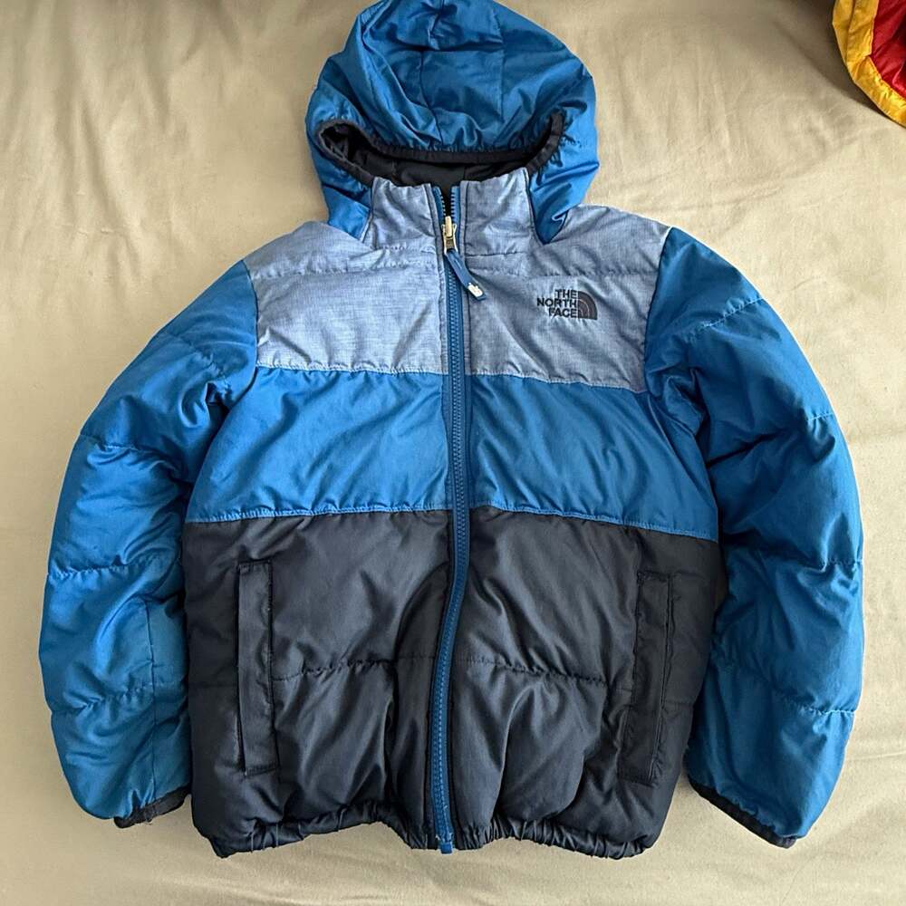The North Face Reversible Puffer Jacket Boy S (7/8) 550 Down Hooded Pockets Blue